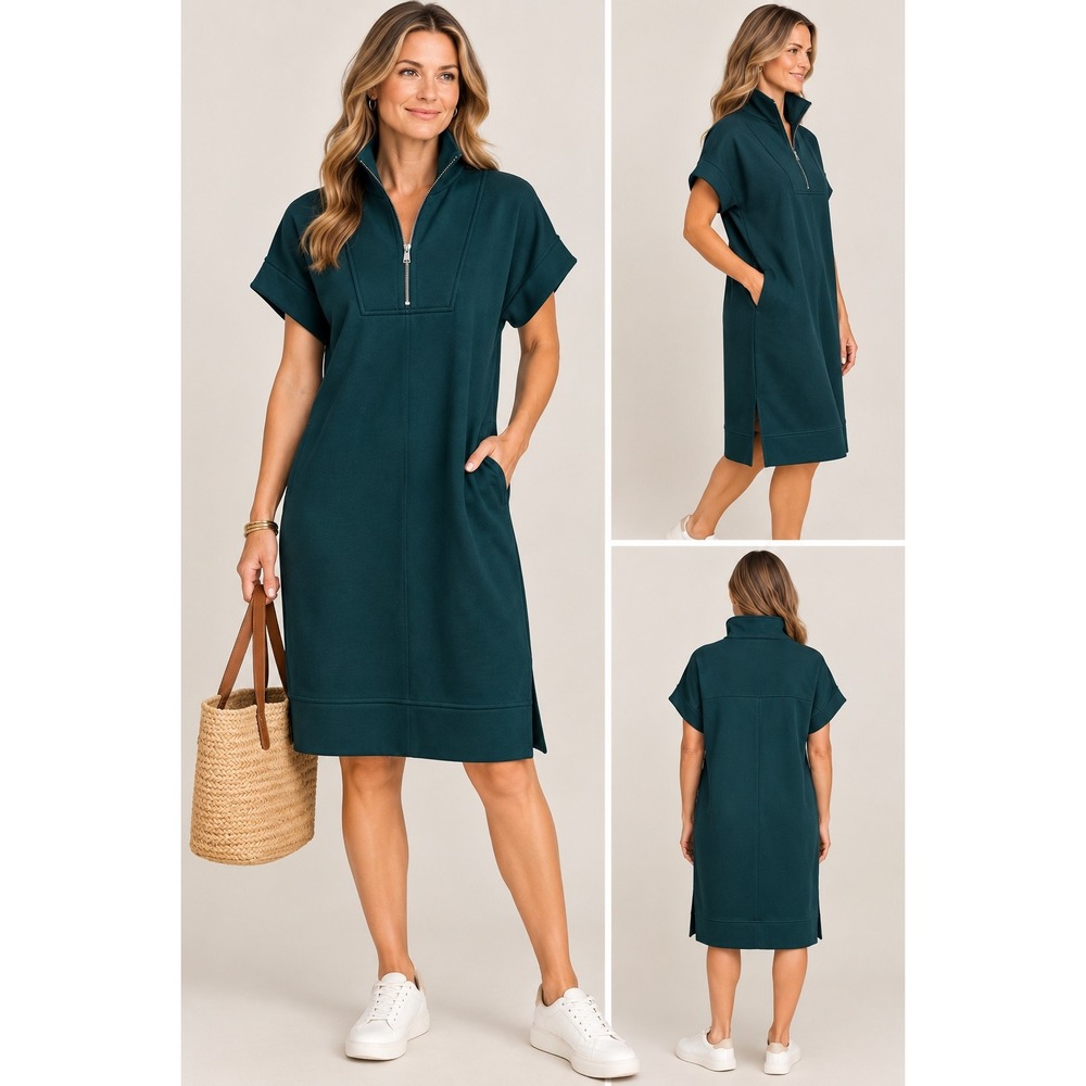 SSYS The Label Green Ponte Half Zip Midi Dress Short Sleeve L